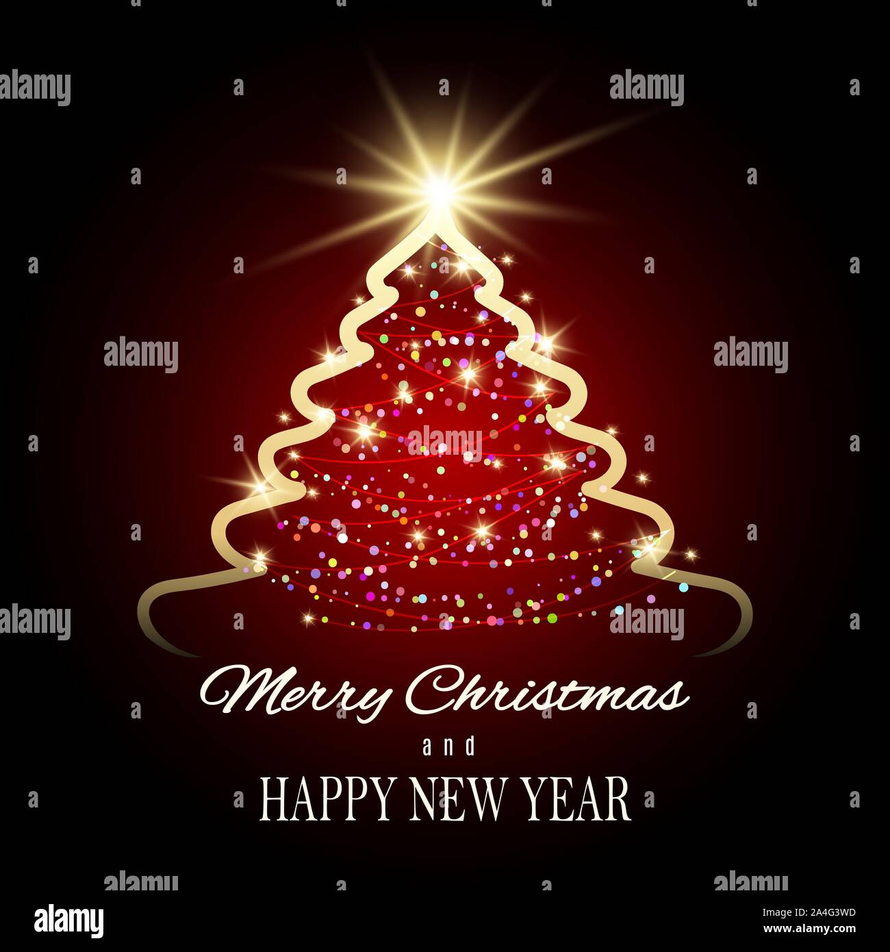 Buon Natale e Felice Anno Nuovo design con albero di Natale. Vector biglietto di auguri o un pacchetto regalo. Illustrazione Vettoriale. Illustrazione Vettoriale