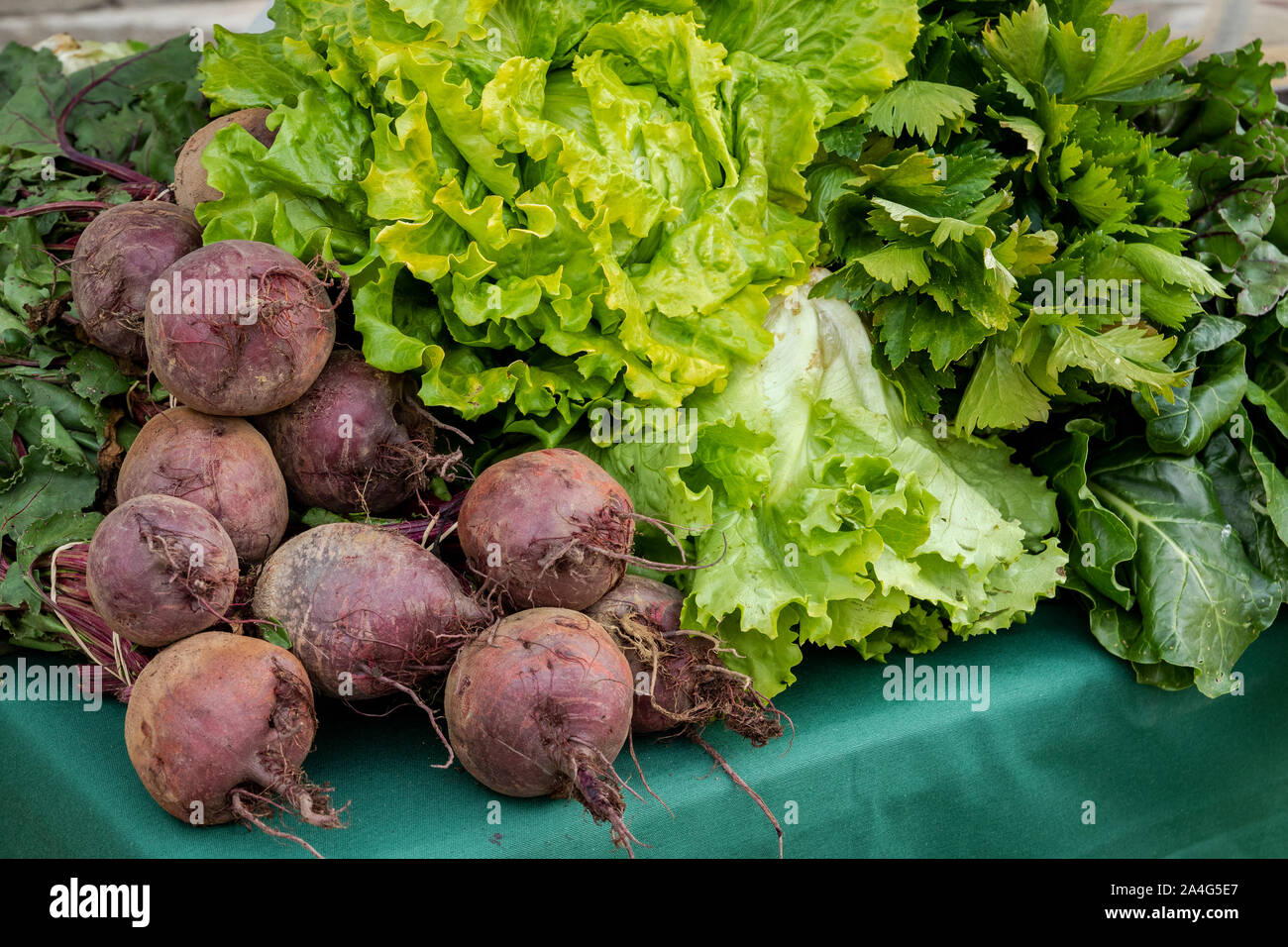 Vari ortaggi freschi in un tradizionale mercato organico a Leon, Spagna. Cibo sano e sfondo Foto Stock