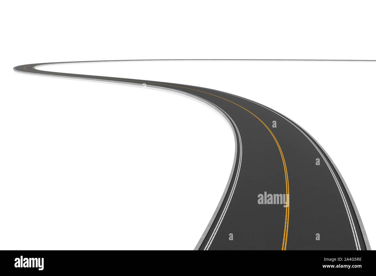 3D rendering di un sistema a due vie strada tortuosa piegatura a sinistra su uno sfondo bianco. La segnaletica stradale orizzontale e segnaletica. Cambiamento di direzione. Nuovi orizzonti e oppor Foto Stock