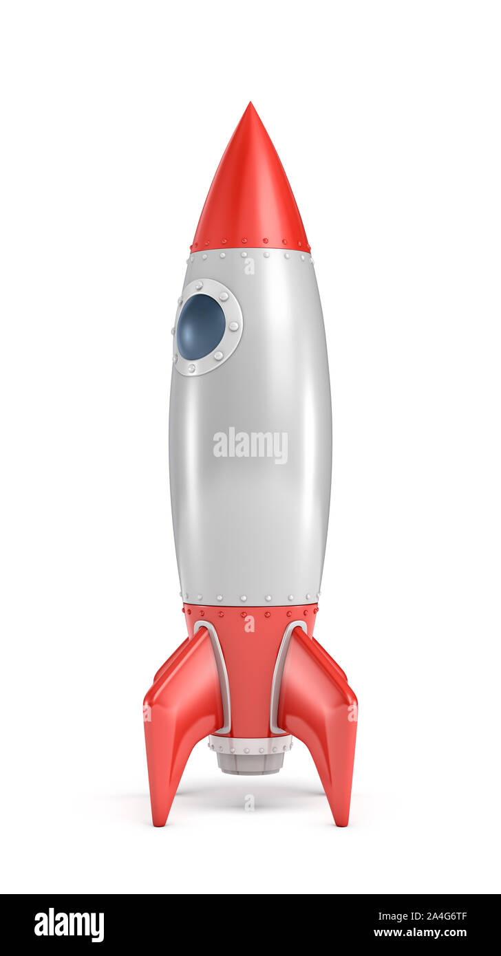 3D rendering di argento e rosso razzo spaziale con un oblò rotondo in piedi su uno sfondo bianco. Spazio di viaggio. Volo interstellare. Nuove idee. Foto Stock