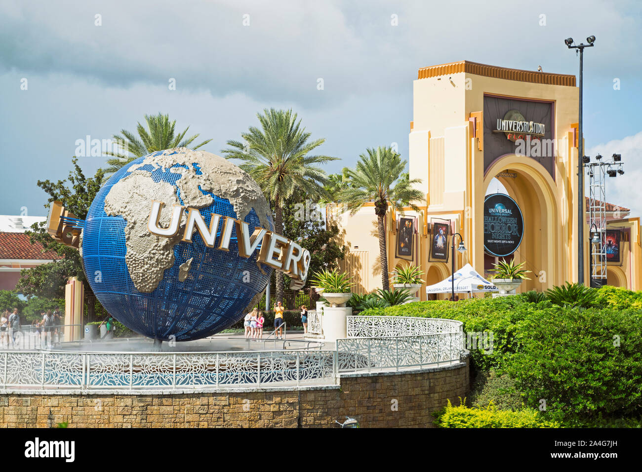 Universal Studios Hollywood Globe, Fontana, CityWalk, ingresso agli Universal Studios, Orlando, Florida, Stati Uniti d'America Foto Stock
