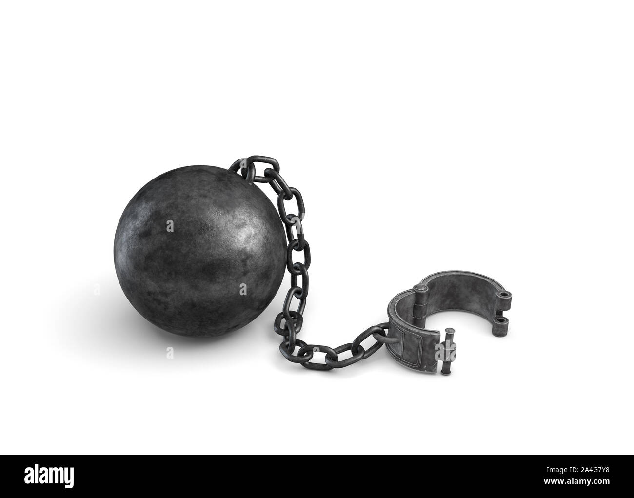 3D rendering di una grande palla nera e collegato a catena ad un polsino aperto giacente su sfondo bianco. Aprire confini. Breakthrough. La libertà di scelta. Foto Stock