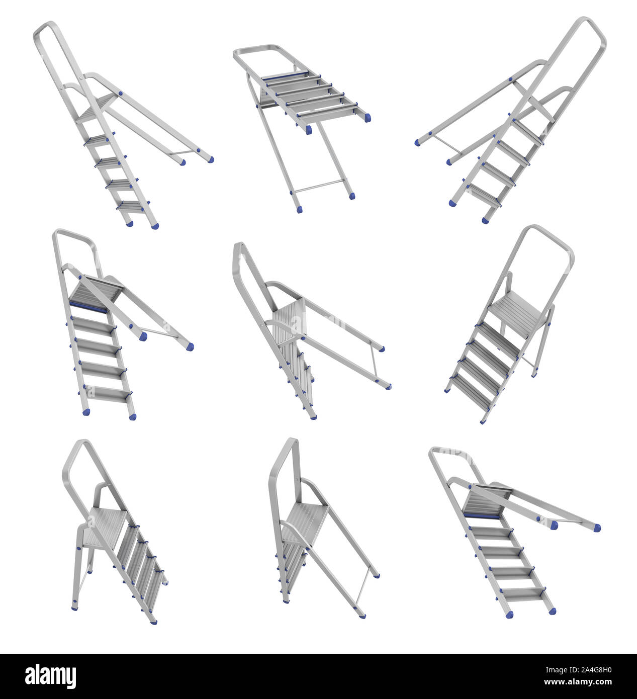 3D rendering di una disposizione di aprire numerose scale a gradini in acciaio su uno sfondo bianco. Builder forniture. Il rinnovamento delle apparecchiature. Scale e gradini. Foto Stock