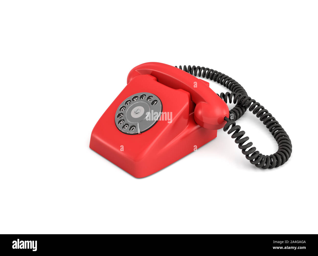 3D rendering di un vecchio telefono rotante isolato su sfondo bianco. Numero di emergenza. Telefono rosso. Linea sicura. Foto Stock