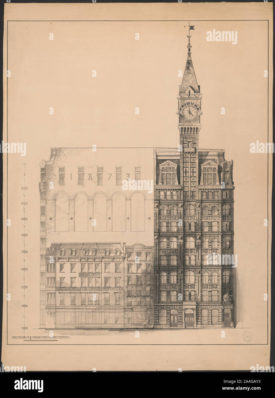 Tribune Building, New York City. Elevazione preliminare. Il rendering Foto Stock