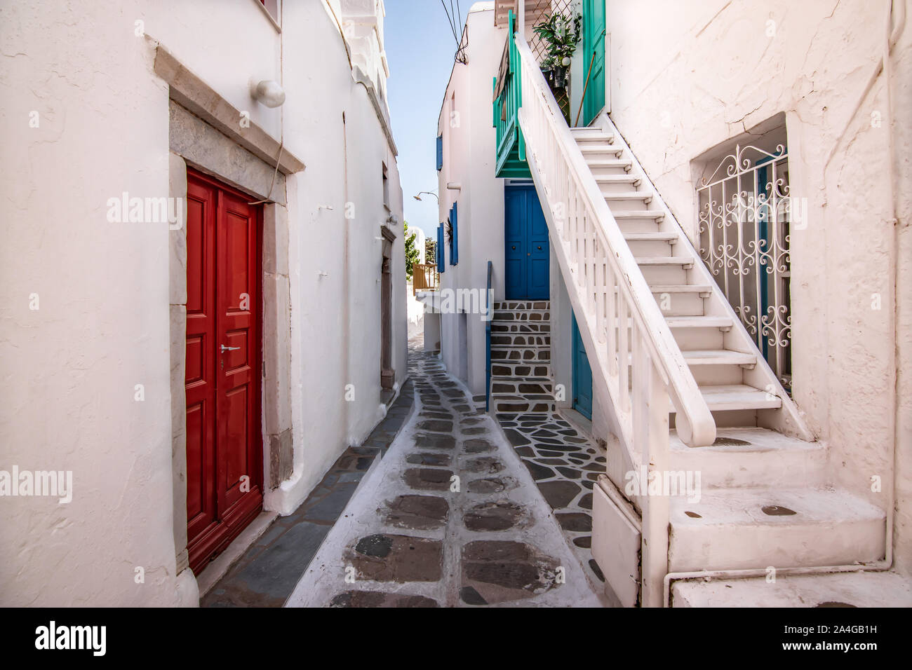 Stradina nel centro città di Mykonos, Grecia. Foto Stock