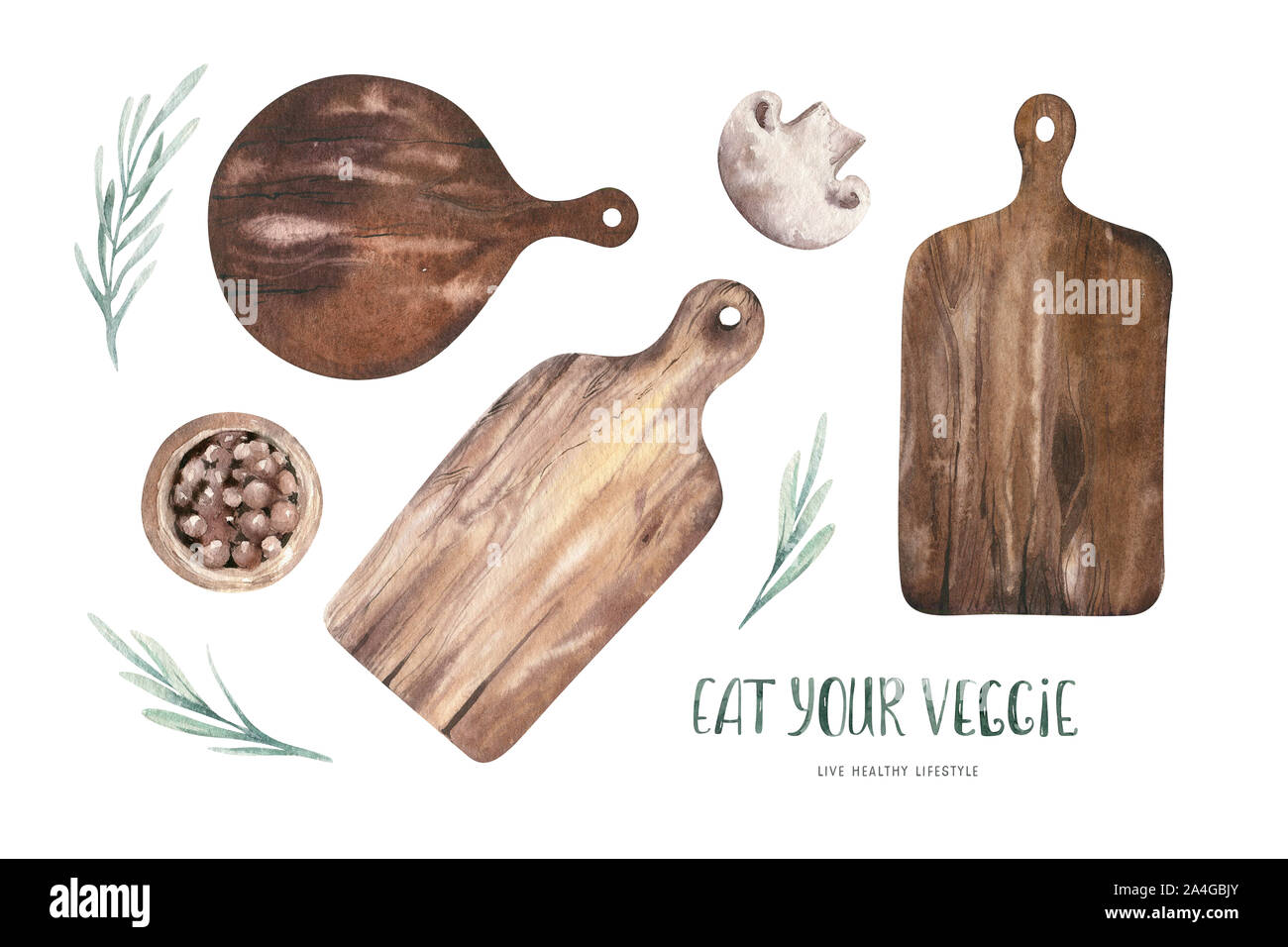 Serie di acquerelli di cucina in legno schede di taglio. Disegnata a mano illustrazione per la cucina di poster. Ristorante menu scheda di stile Scandinavo design kit. Iso Foto Stock