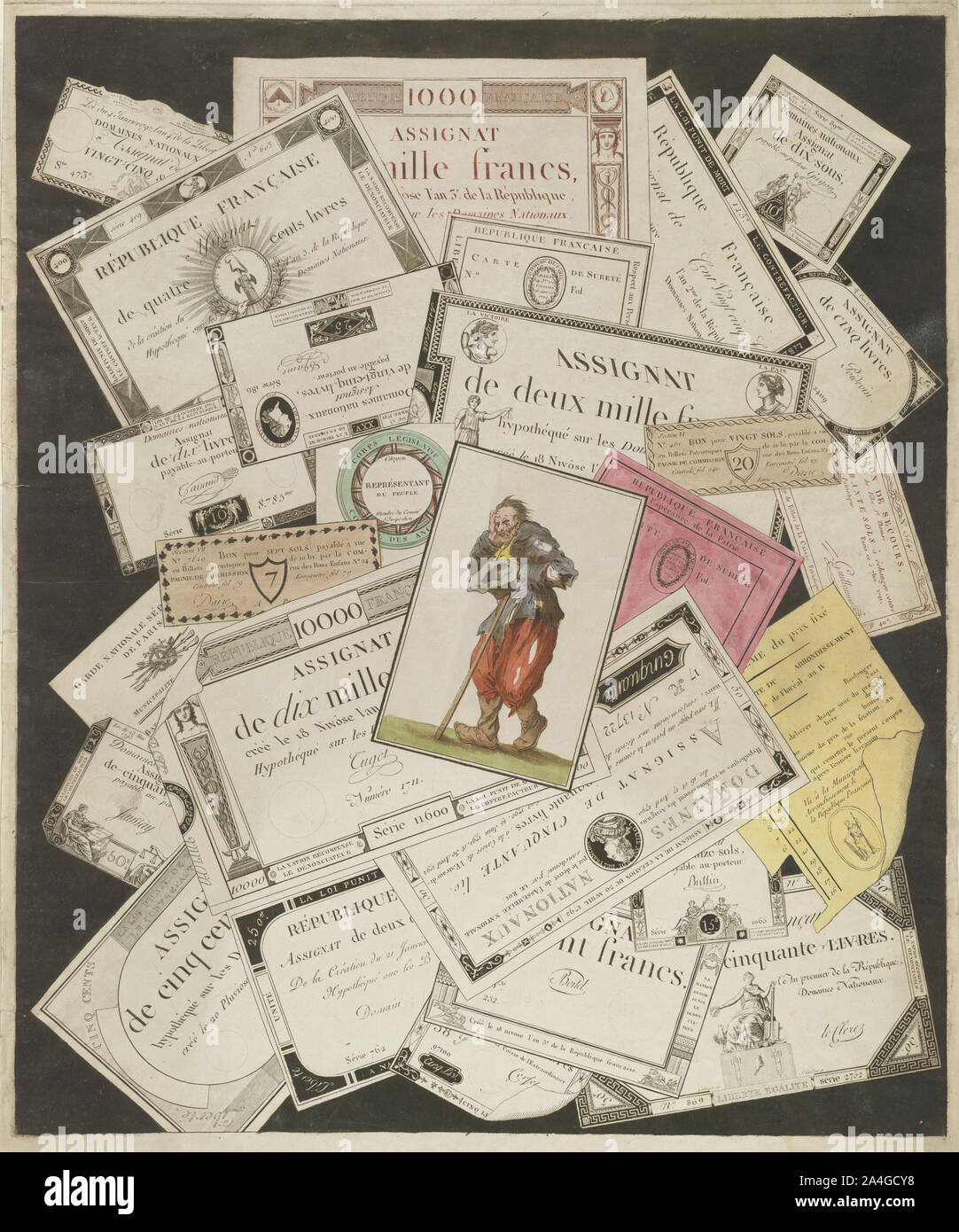 Trompe-l'oeil del rivoluzionario francese assignats con un ritratto di un mendicante prevista sulla parte superiore Foto Stock
