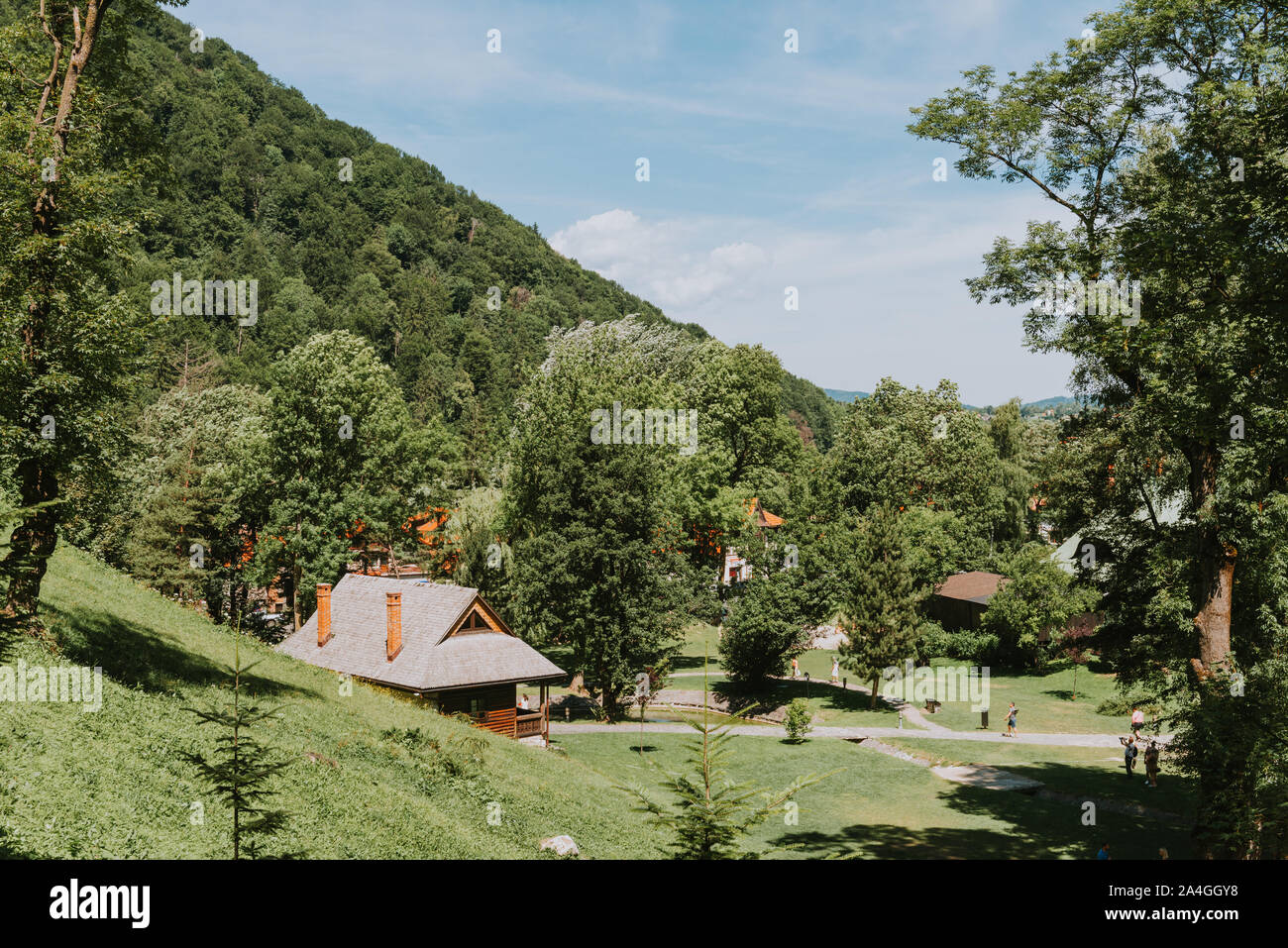 Paesaggio rurale con lussureggianti prati verdi e agriturismo Foto Stock
