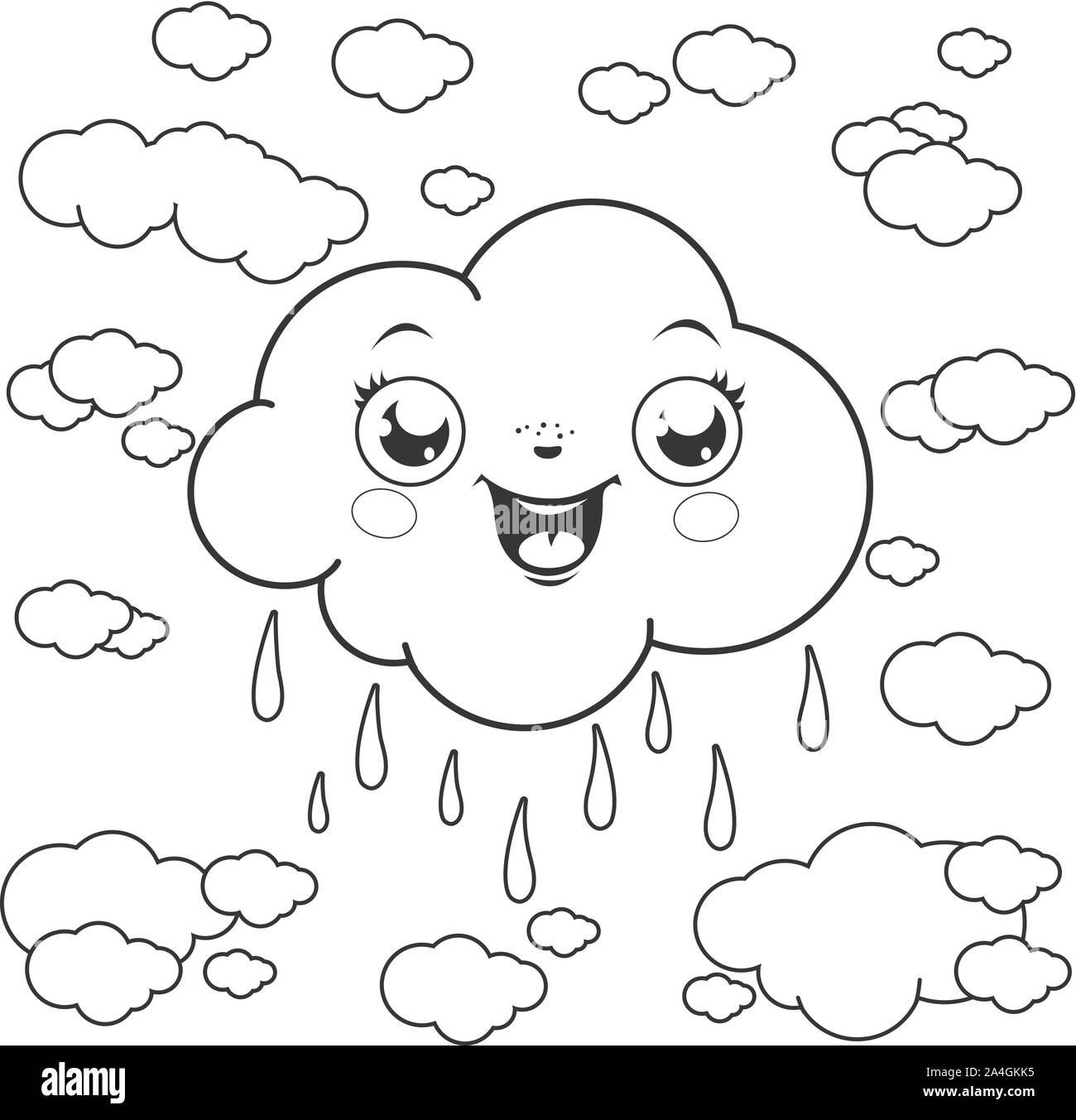 Illustrazione della pioggia nuvole in cielo. Il vettore in bianco e nero nella pagina di colorazione Illustrazione Vettoriale