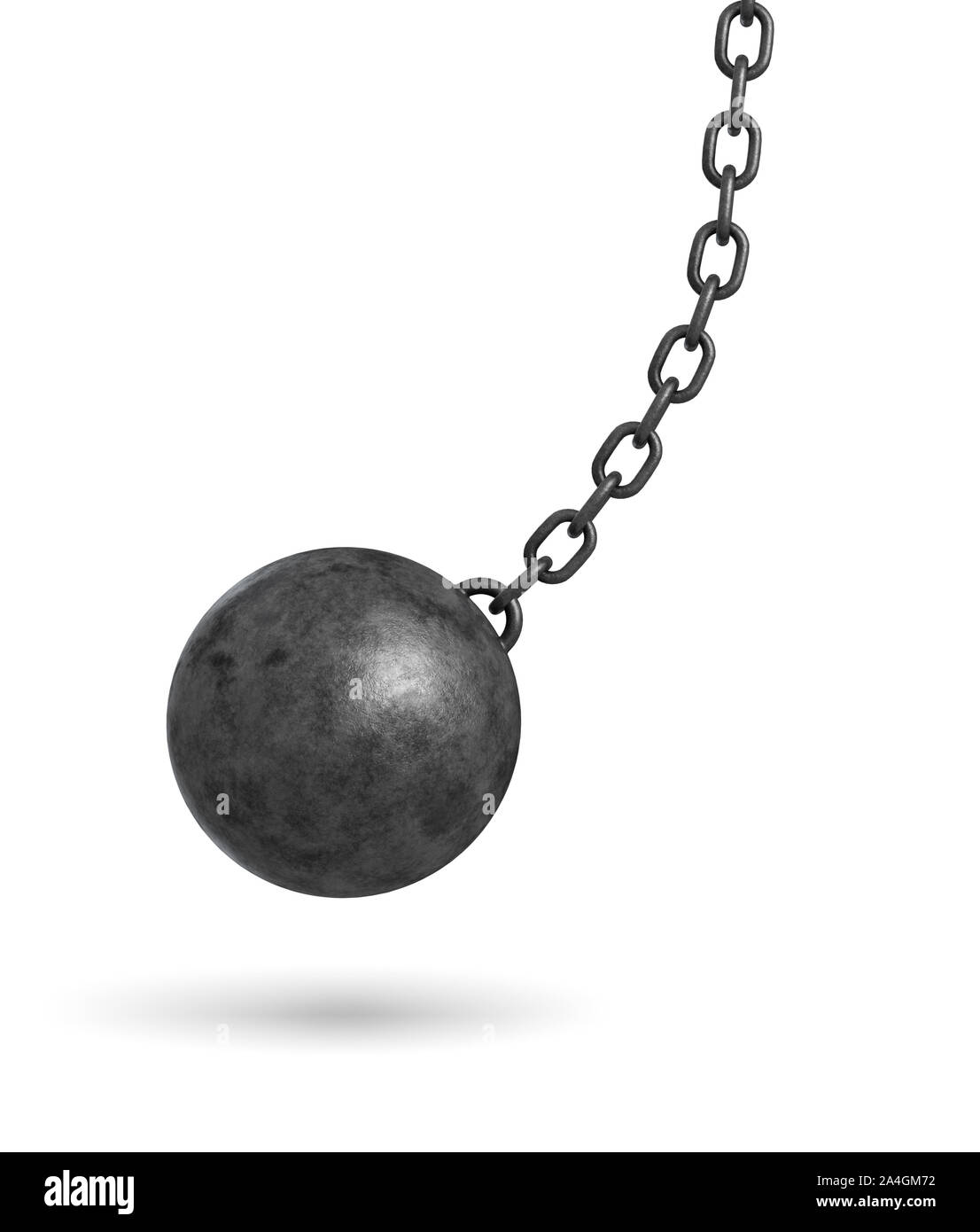 3D rendering di un nero scuro Wrecking Ball pendente da una catena ed oscillante su un lato. Foto Stock