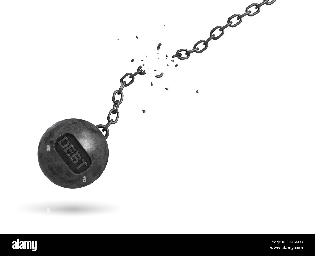 3D rendering di un nero ferro Wrecking Ball con un debito di scrittura su di esso oscilla su una rottura della catena. Foto Stock