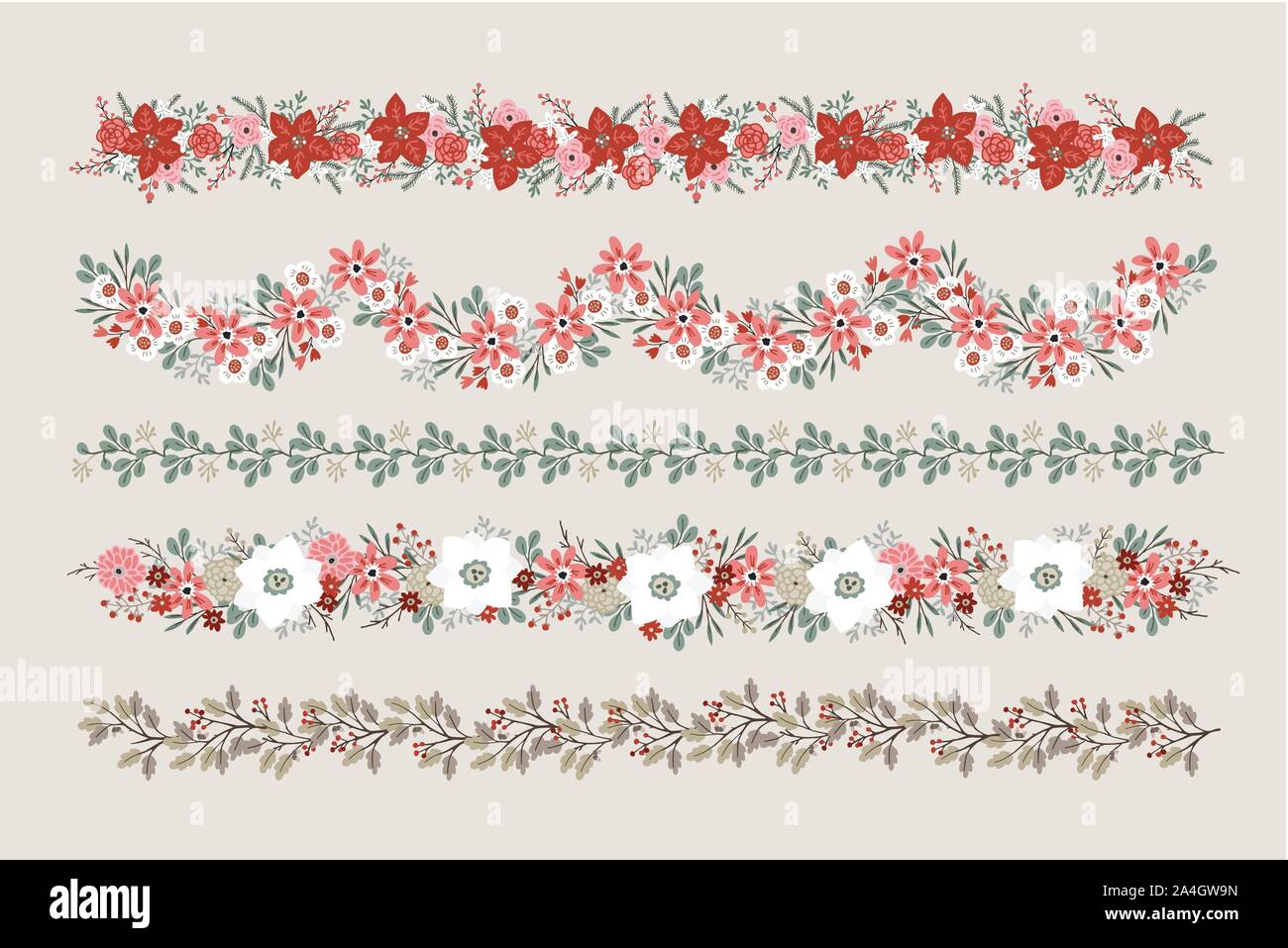 Set di Natale bordure floreali, stringhe ghirlande o spazzole. Decorazione di partito con l'abete, rovere e eucalipto rami, poinsettia, rose Illustrazione Vettoriale