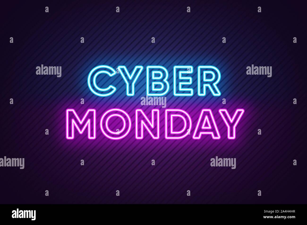 Neon Cyber lunedì Banner. Testo e titolo di Cyber lunedì con luci al neon su sfondo scuro con texture rivestito. Affissioni, Poster e coprire desig Illustrazione Vettoriale