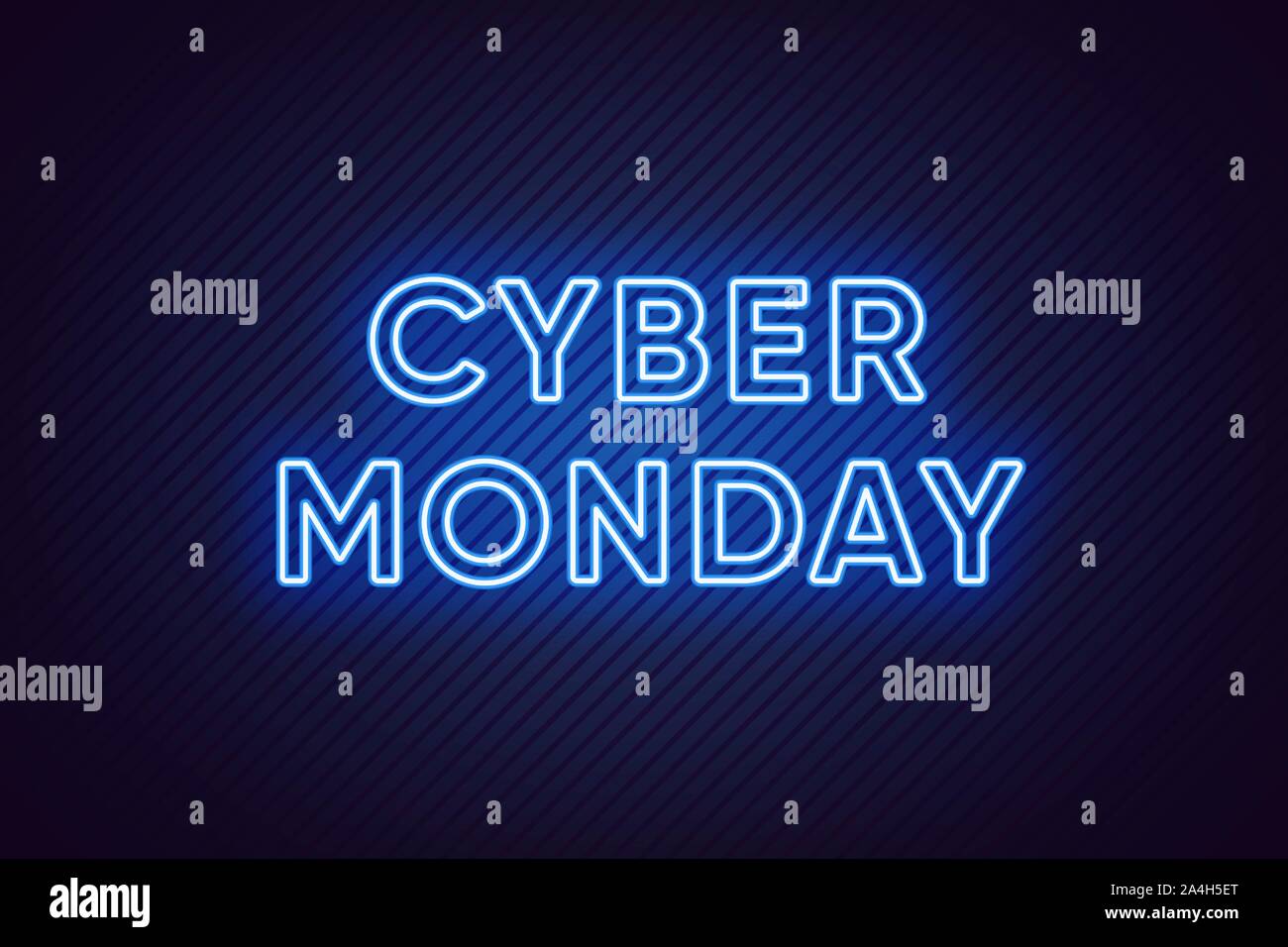 Neon Cyber lunedì Banner. Testo e titolo di Cyber lunedì con neon luminoso luci blu su sfondo scuro con texture rivestito. Affissioni, Poster e Illustrazione Vettoriale