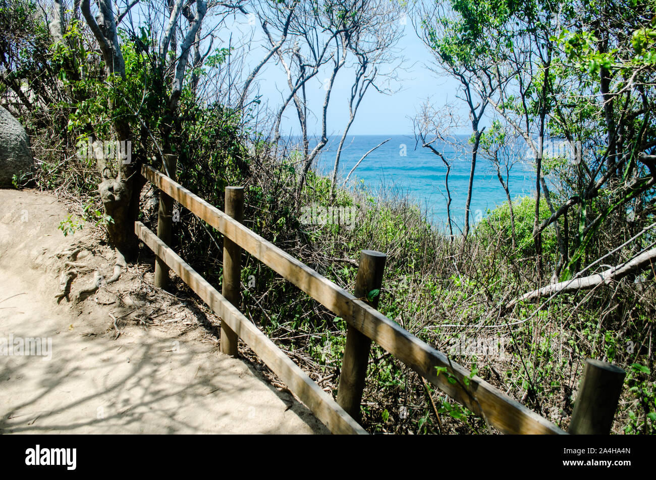 Paesaggio nel Parco Nazionale Tayrona, una area protetta situata nel dipartimento di Magdalena sul lato caraibico della Colombia Foto Stock