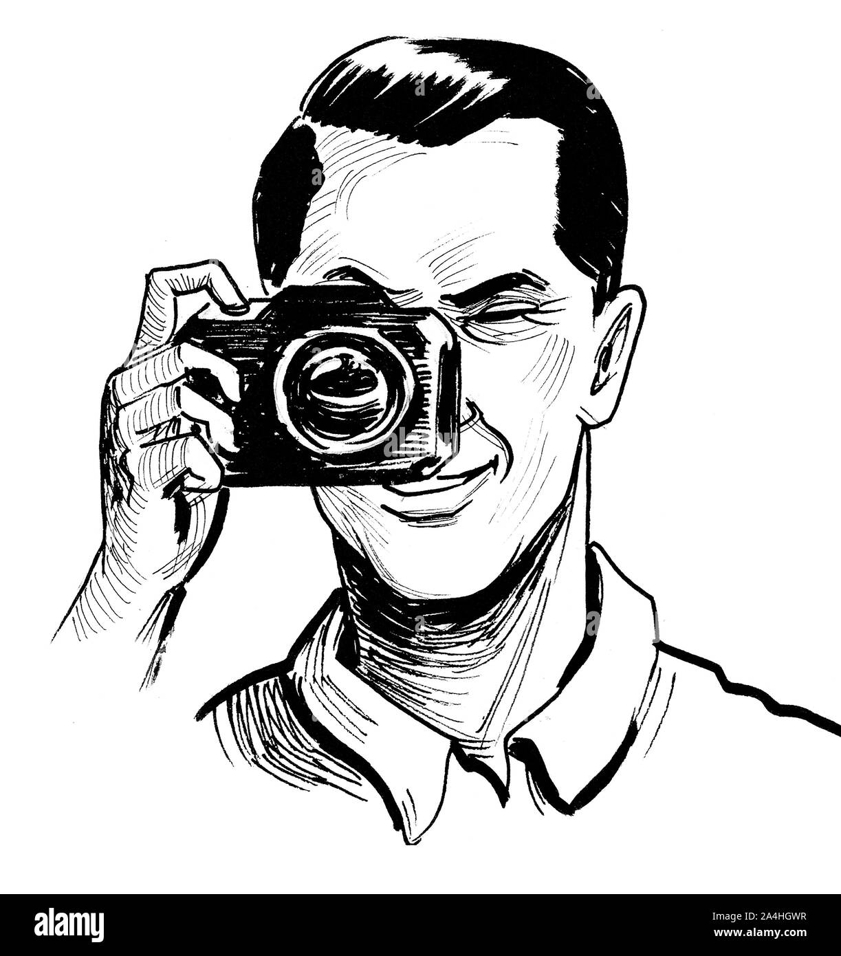 Uomo di scattare una foto con la vecchia telecamera analogica. L'inchiostro bianco e nero disegno Foto Stock