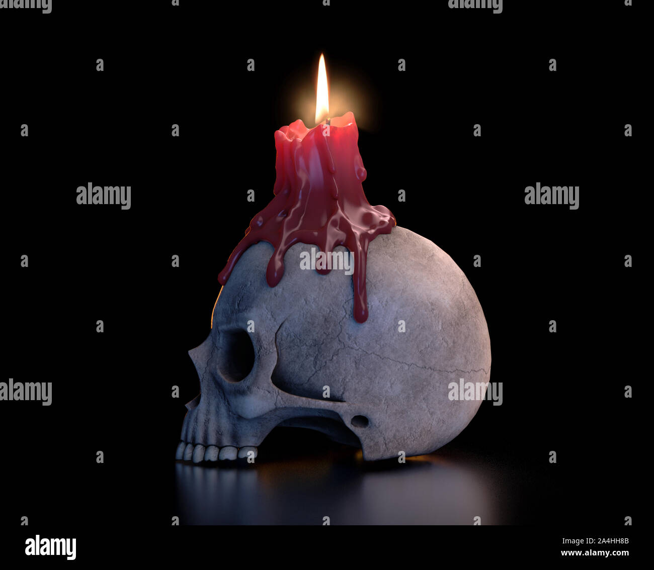 Un concetto che mostra un teschio umano e rabboccato con un punto di fusione rosso illuminato candela isolato su un buio di sfondo per studio - 3D render Foto Stock
