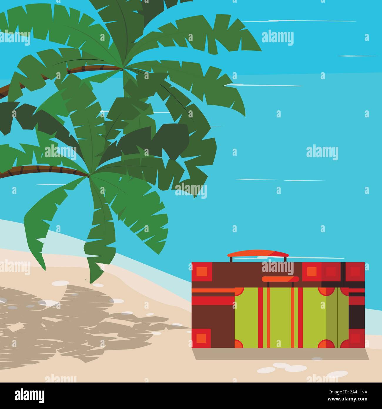 Paesaggio marino con valigie di colore - blu oceano, palme, sabbia costiera. Illustrazione Vettoriale di esotico seascape in background Illustrazione Vettoriale