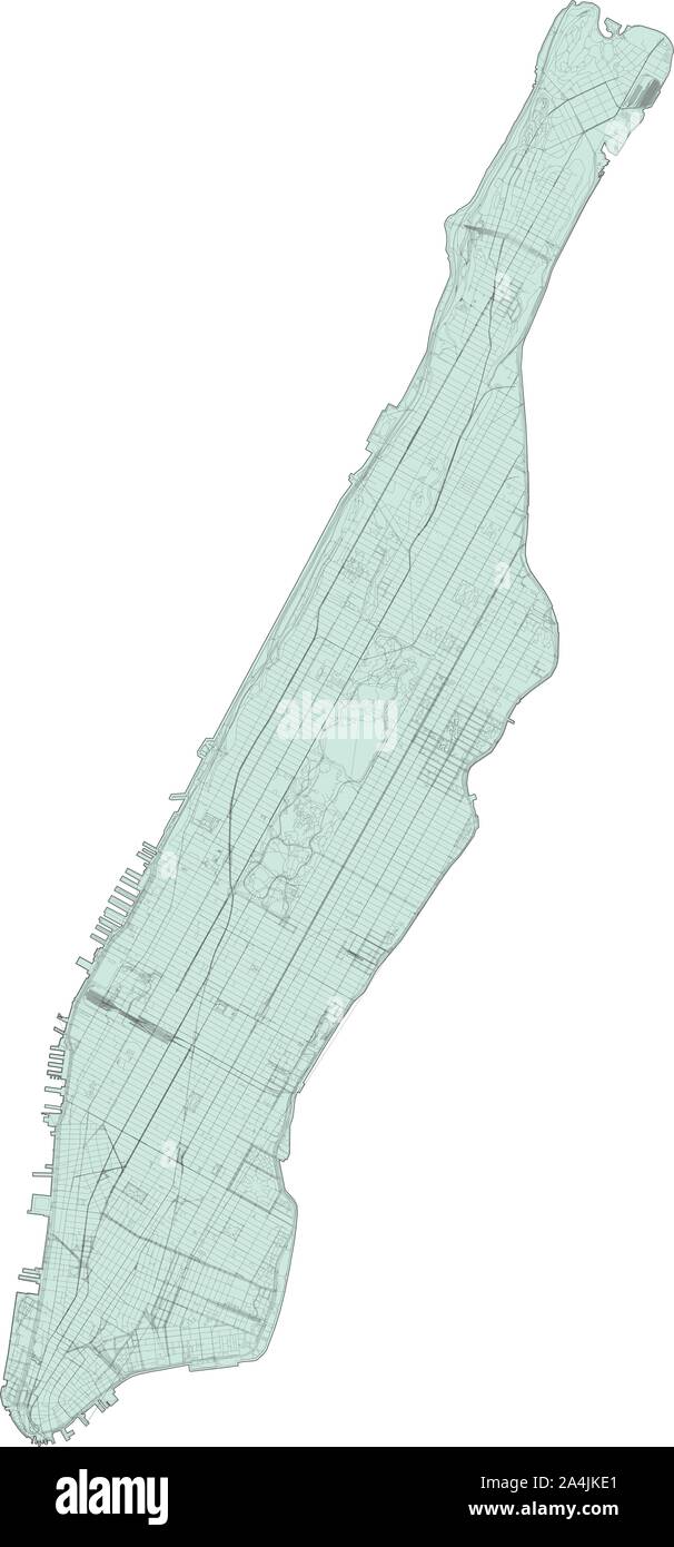 Mappa satellitare di New York City, Manhattan Stati Uniti d'America. Mappa di strade, tangenziali e autostrade, fiumi, linee ferroviarie. Mappa di trasporto Illustrazione Vettoriale