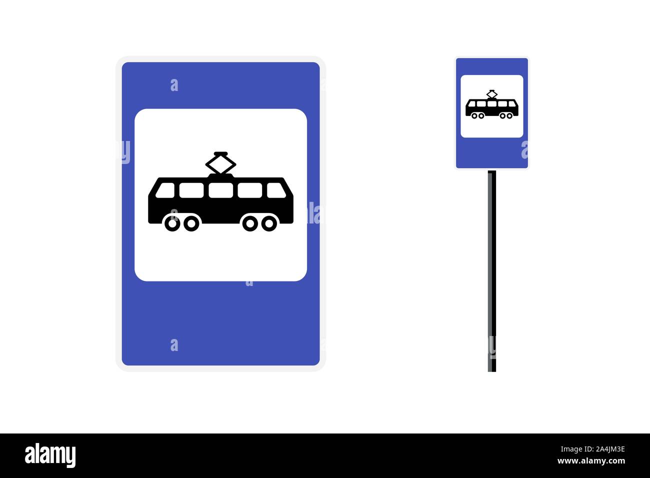 La fermata del tram stazione di posta design piatto. Città blu su strada trasporto pubblico segno set. Vettore isolato illustrazione del simbolo su sfondo bianco Illustrazione Vettoriale