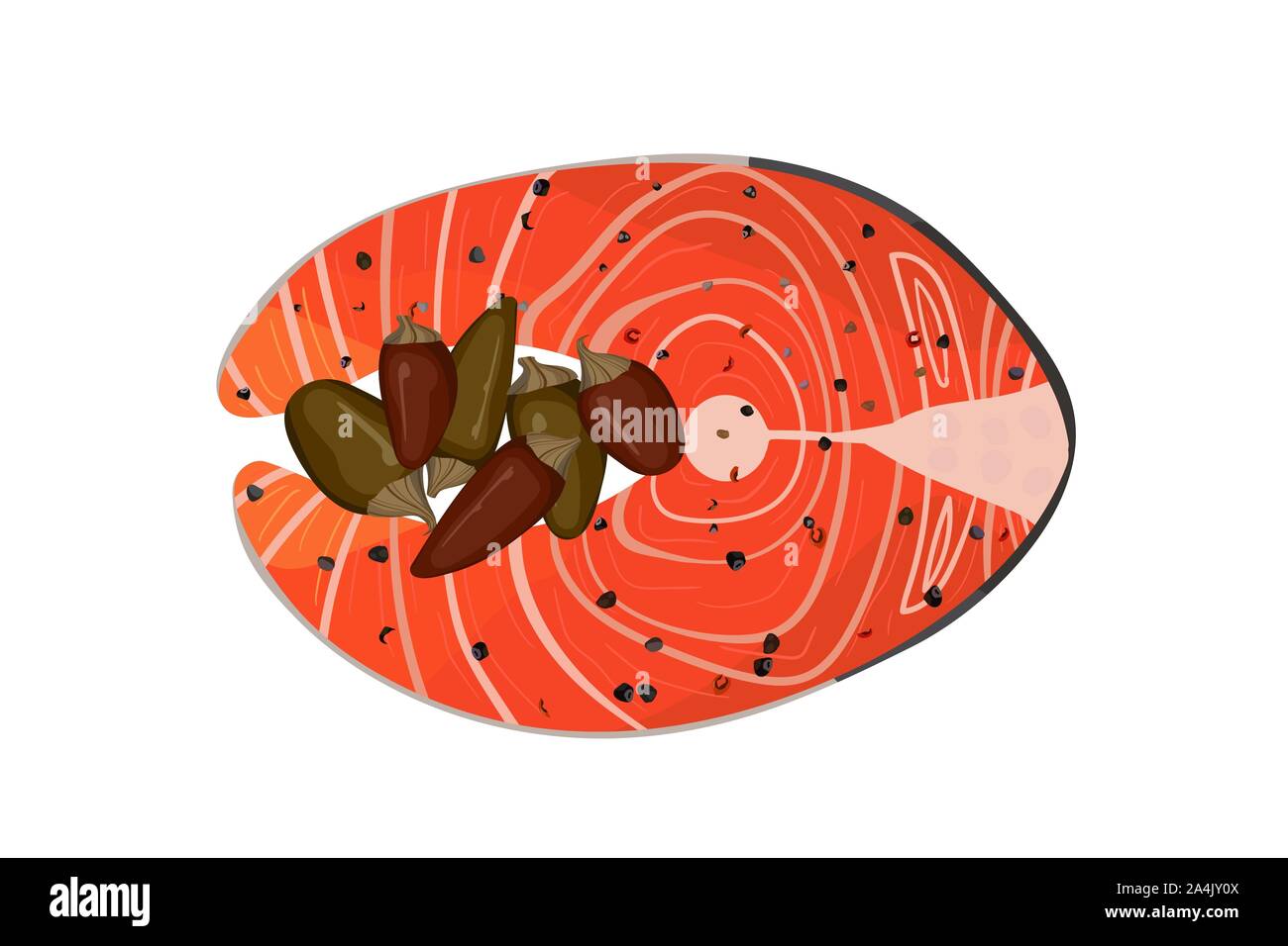 Filetto di salmone bistecca con peperoni. Illustrazione Vettoriale. Frutti di mare Pesce. Dieta sana. Illustrazione Vettoriale