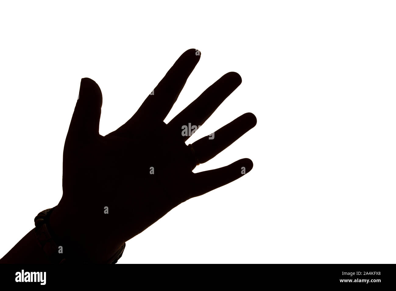 Una sola mano sinistra in silhouette contro uno sfondo bianco che mostra una diffusione fuori mano Foto Stock