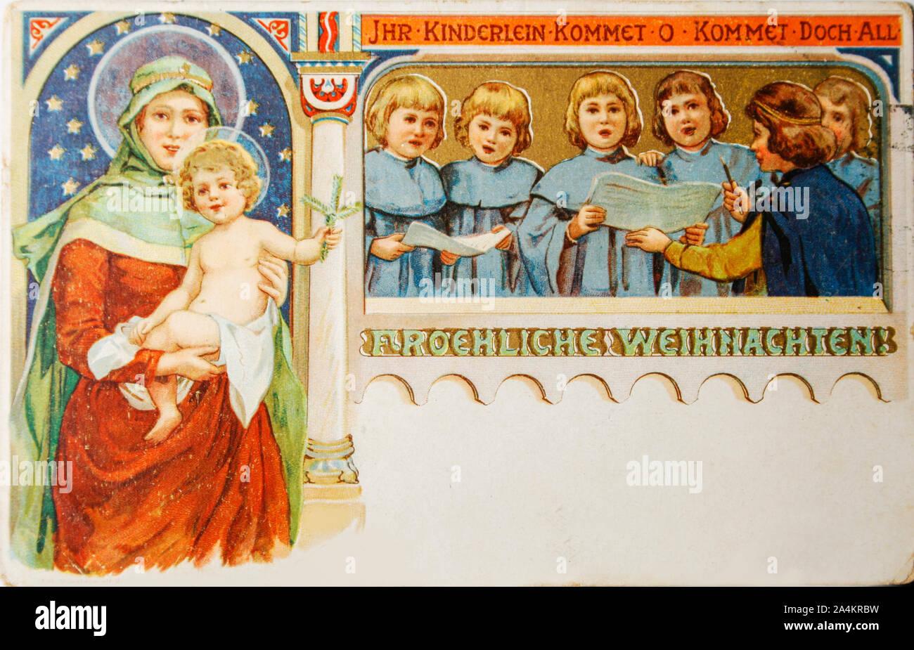 Vintage tedesco scheda di natale con la Vergine Maria e Gesù e un coro di giovani ragazzi Foto Stock