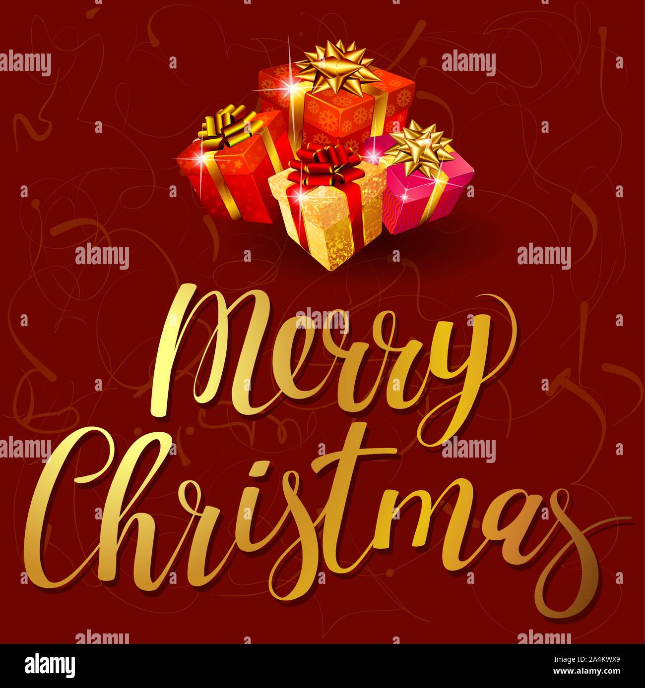Scheda di Natale con confezioni regalo, nastri, fiocchi e Buon Natale colden scritte sul rosso scuro sfondo, illustrazione vettoriale. Illustrazione Vettoriale