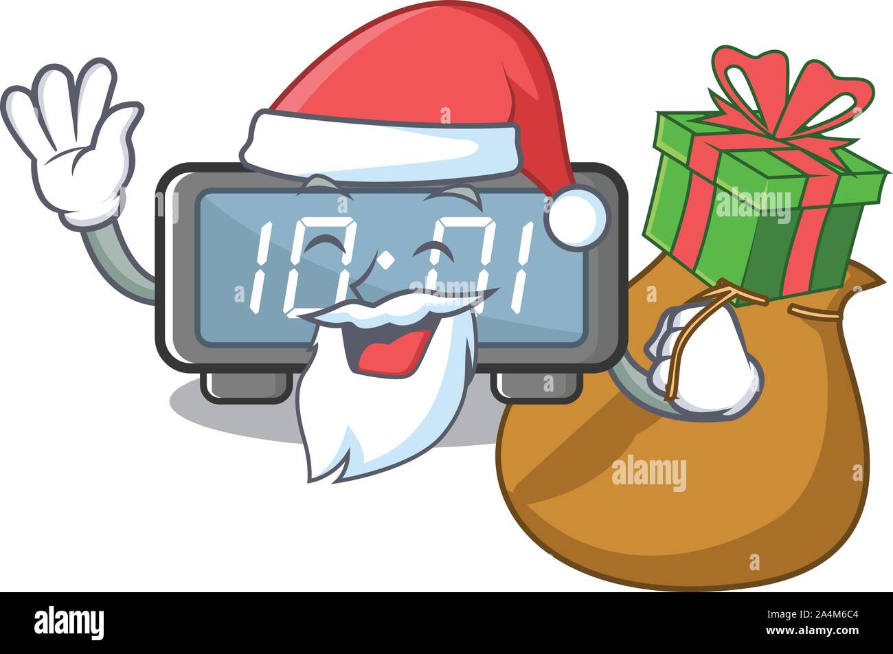 Santa con regalo orologio digitale su una sedia cartoon Illustrazione Vettoriale
