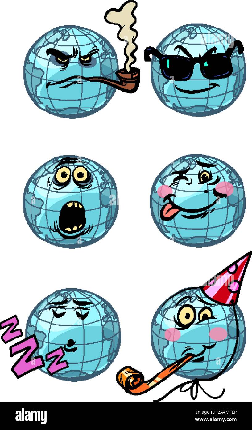 Carattere del pianeta terra. Impostare una raccolta di emozioni gli Emoji. Il tema del sogno umorismo sorpresa di compleanno spy fumatori. Fumetto cartoon arte pop retrò ve Illustrazione Vettoriale