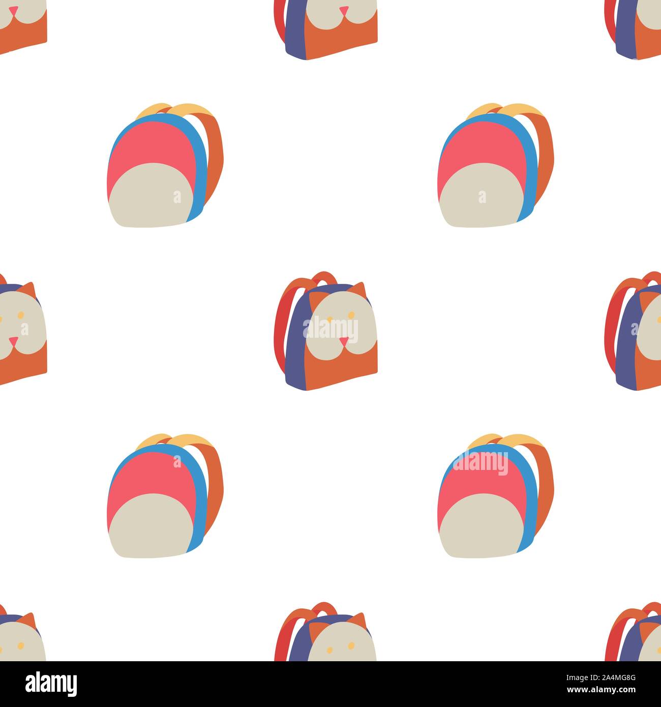 Moderno doodle seamless pattern con due zaino, multicolore su sfondo bianco per il web e disegno di tessuto. Vector design piatto. Illustrazione Vettoriale