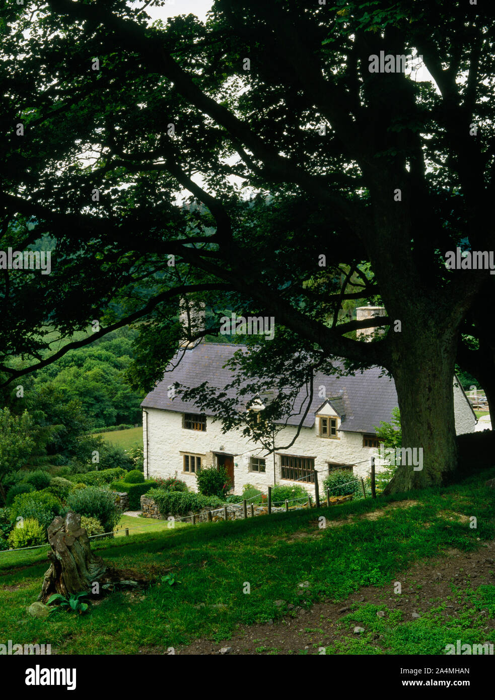 Visualizza SW di Brithdir Mawr, Flintshire, Wales, Regno Unito, un convertito tardo medioevale casa hall sulle pendici meridionali del Monte Ffrith vicino Cilcain. Foto Stock