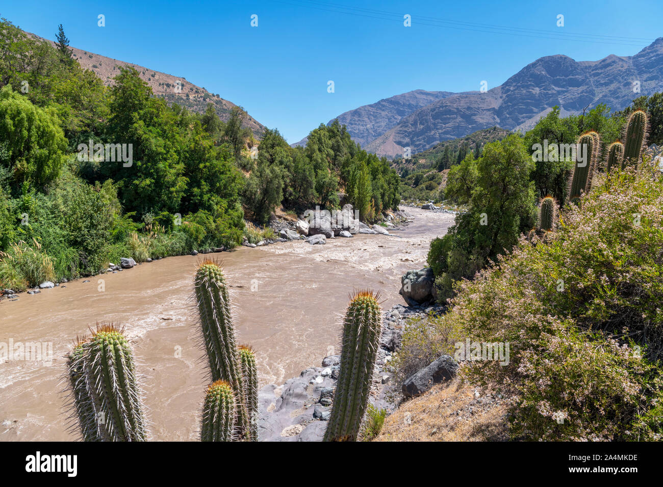 Il Cile, Cajon del Maipo. La valle di Maipo fiume vicino a San Jose de Maipo, Maipo Canyon, montagne delle Ande, Cile, Sud America Foto Stock