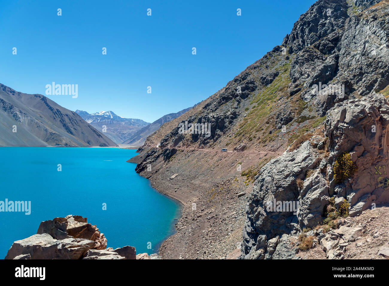 Il Cile, montagne delle Ande. Il Embalse el Yeso (El Yeso Dam), montagne delle Ande, Santiago Regione Metropolitana, Cile, Sud America Foto Stock
