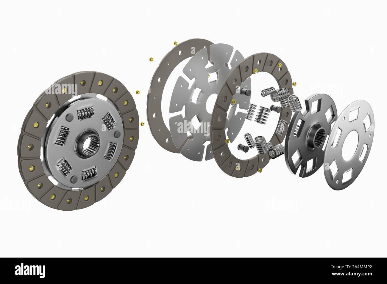Pezzi di ricambio per auto e camion del disco della frizione. Trasmissione auto parti. Il rendering 3D Foto Stock