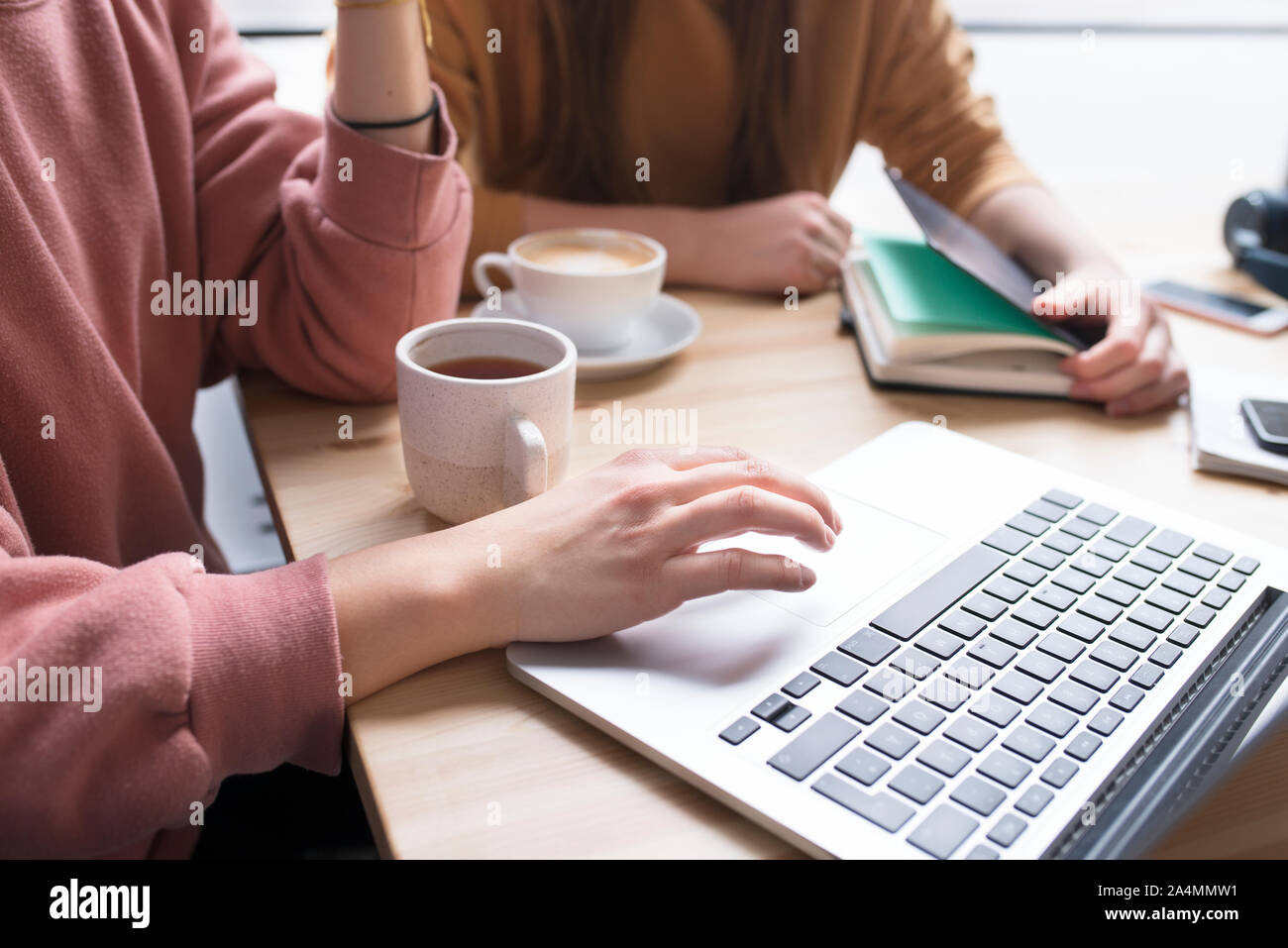 Le donne che usano i laptop in cafe Foto Stock
