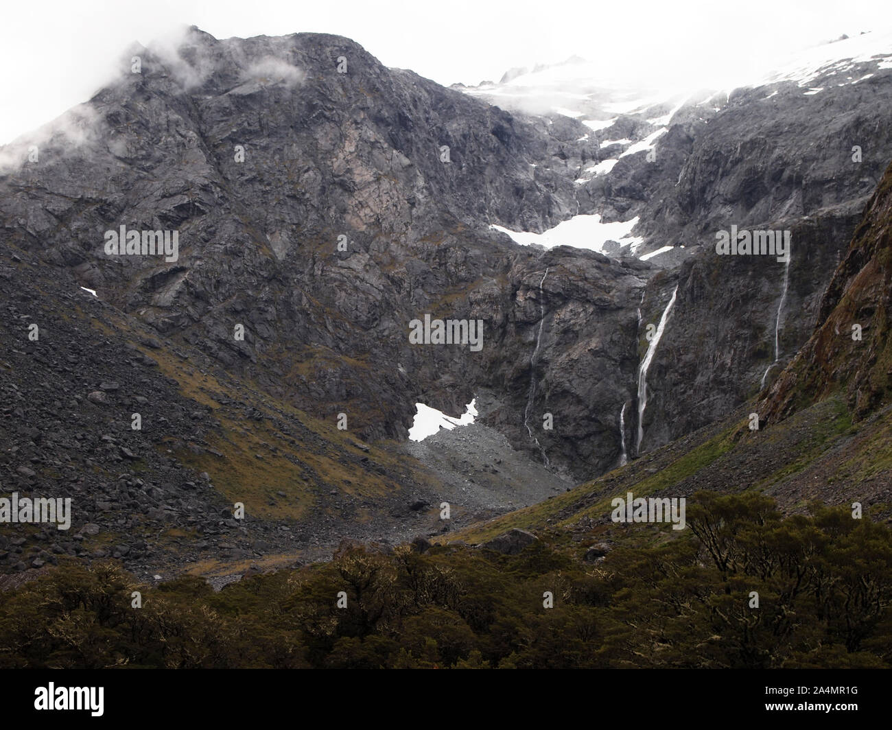 Incontaminato habitat di montagna nel Parco Nazionale di Fiordland, Isola del Sud della Nuova Zelanda Foto Stock