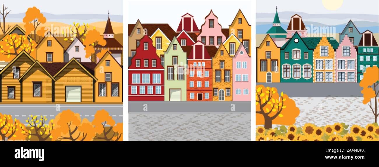 Pack di vecchia città retrò con i suoi edifici colorati e ciottoli strada davanti. Piatto vettore cartoon Illustrazione Vettoriale