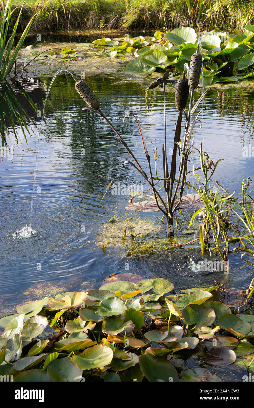 Bella Fontana di rush ornamental in uno stagno in un giardino a Sawdon North Yorkshire Inghilterra Regno Unito Foto Stock