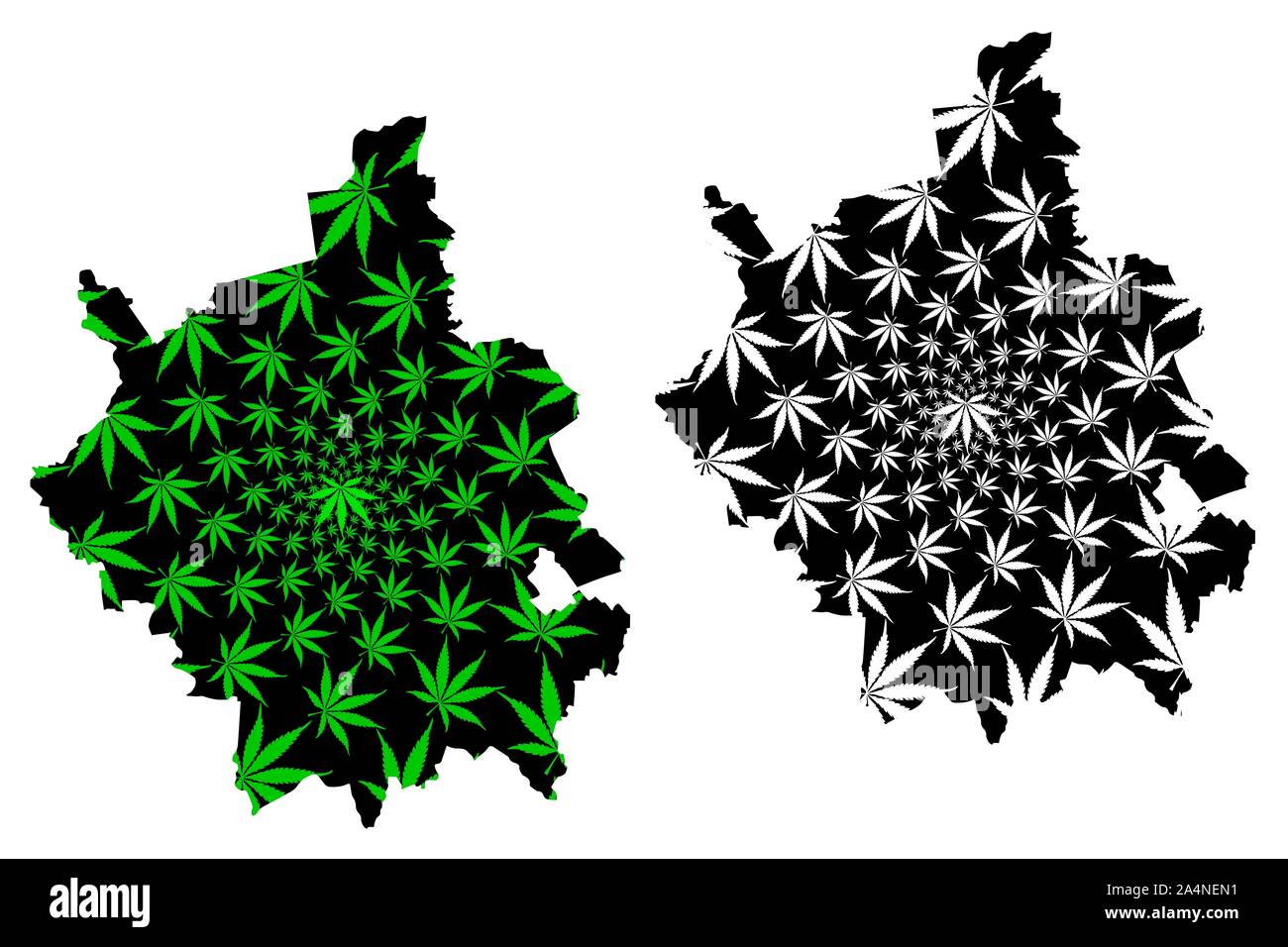 Cambridgeshire (Regno Unito, Inghilterra, Non-metropolitan county, shire county) mappa è progettato Cannabis leaf verde e nero, Cambs. mappa fatta di mari Illustrazione Vettoriale