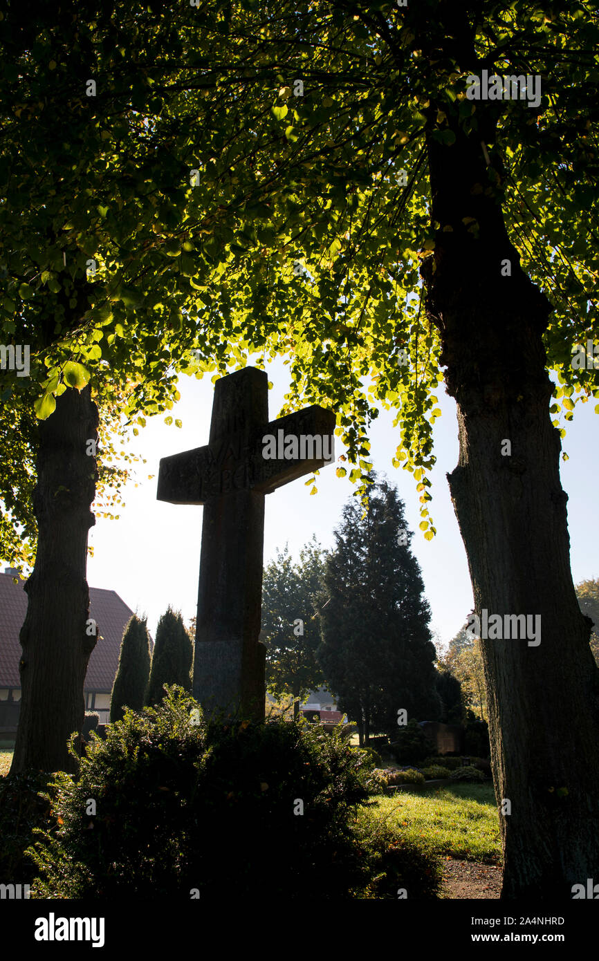 Tomba di grande croce di pietra, su un cimitero, sotto gli alberi, Foto Stock