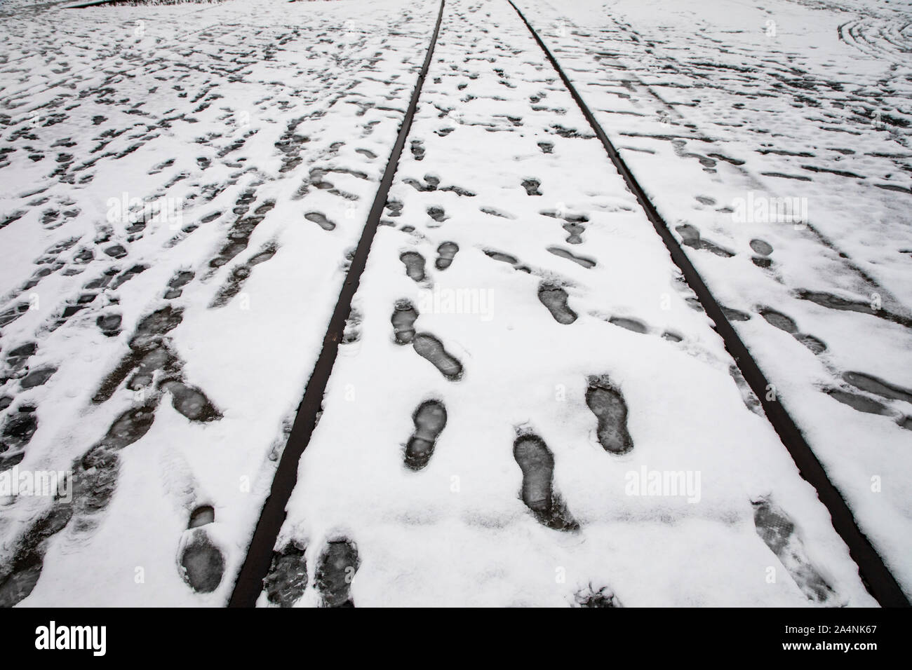 Orme nella neve fresca, Foto Stock