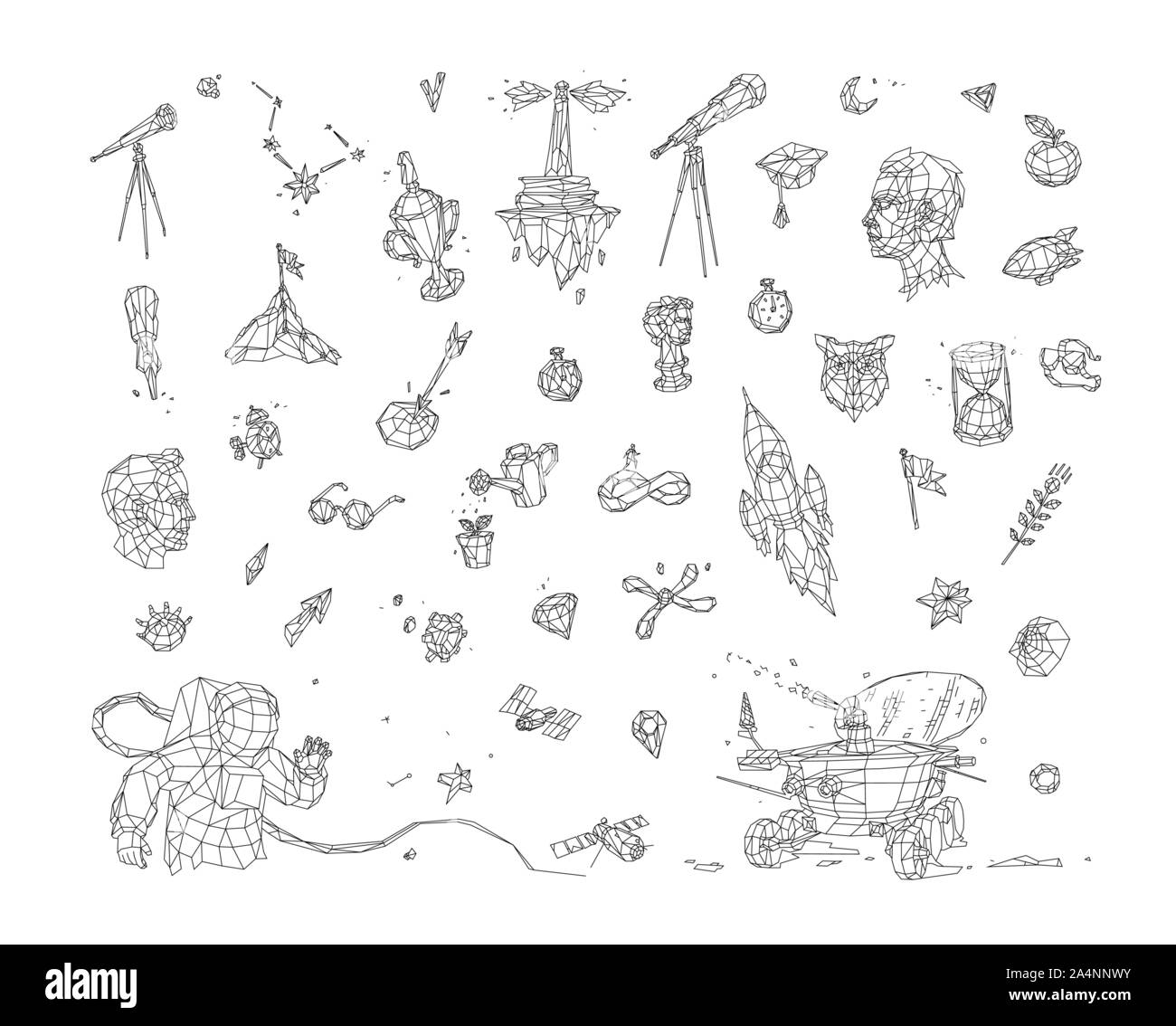 Illustrazione in basso poli stile. Vettore. I disegni e le icone sul tema del kosmos e business. Metafore. Il cannocchiale, satellite, braccio, luna rover un Illustrazione Vettoriale