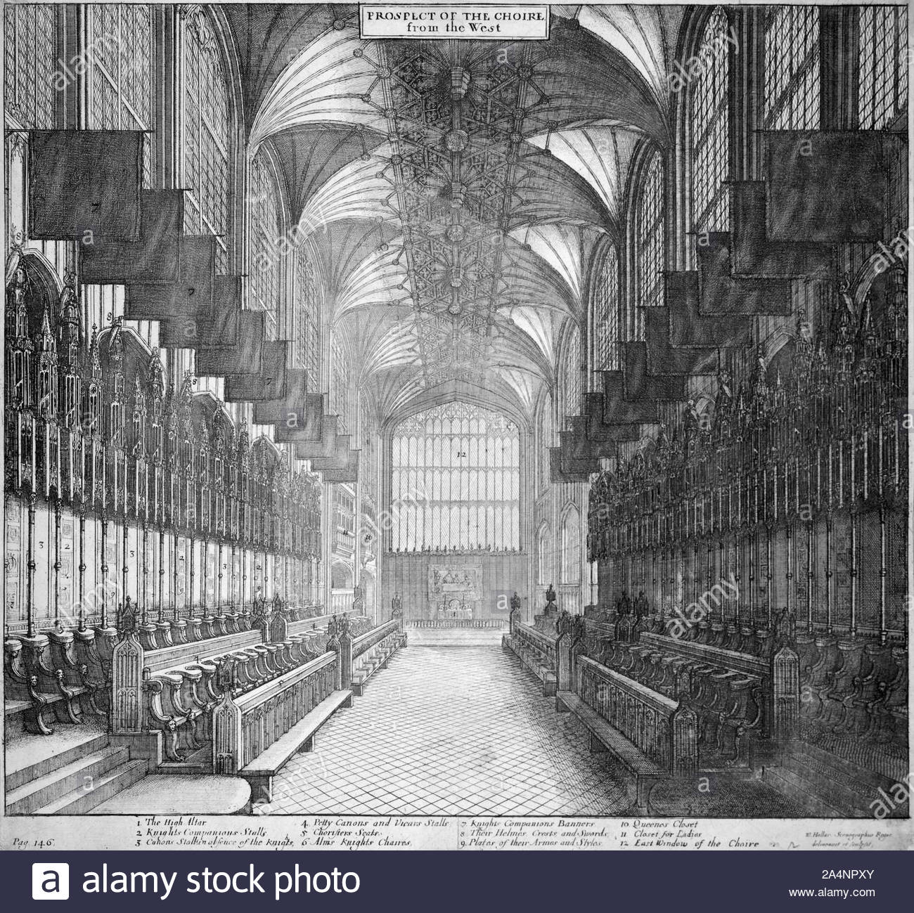 La Cappella di San Giorgio. coro, Castello di Windsor in Inghilterra, attacco da incisore boemo Wenceslaus Hollar da 1600s Foto Stock