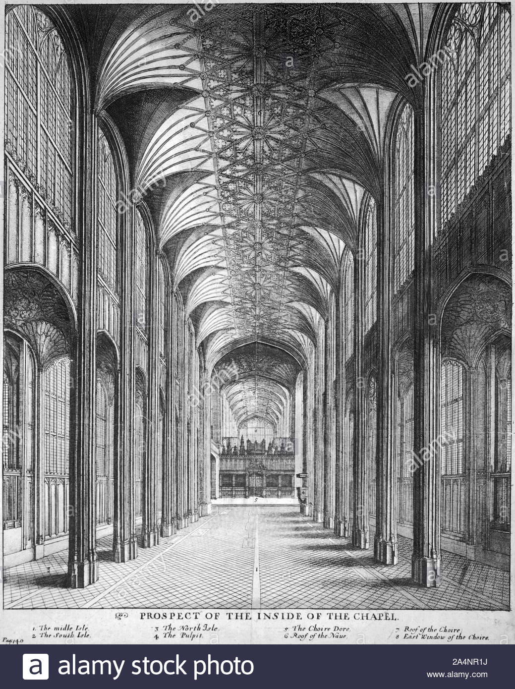 La Cappella di San Giorgio. navata, Castello di Windsor in Inghilterra, attacco da incisore boemo Wenceslaus Hollar da 1600s Foto Stock