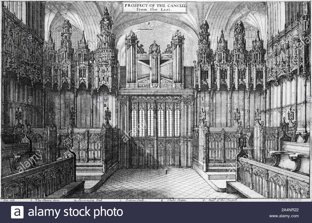 La Cappella di San Giorgio. coro, Castello di Windsor in Inghilterra, attacco da incisore boemo Wenceslaus Hollar da 1600s Foto Stock