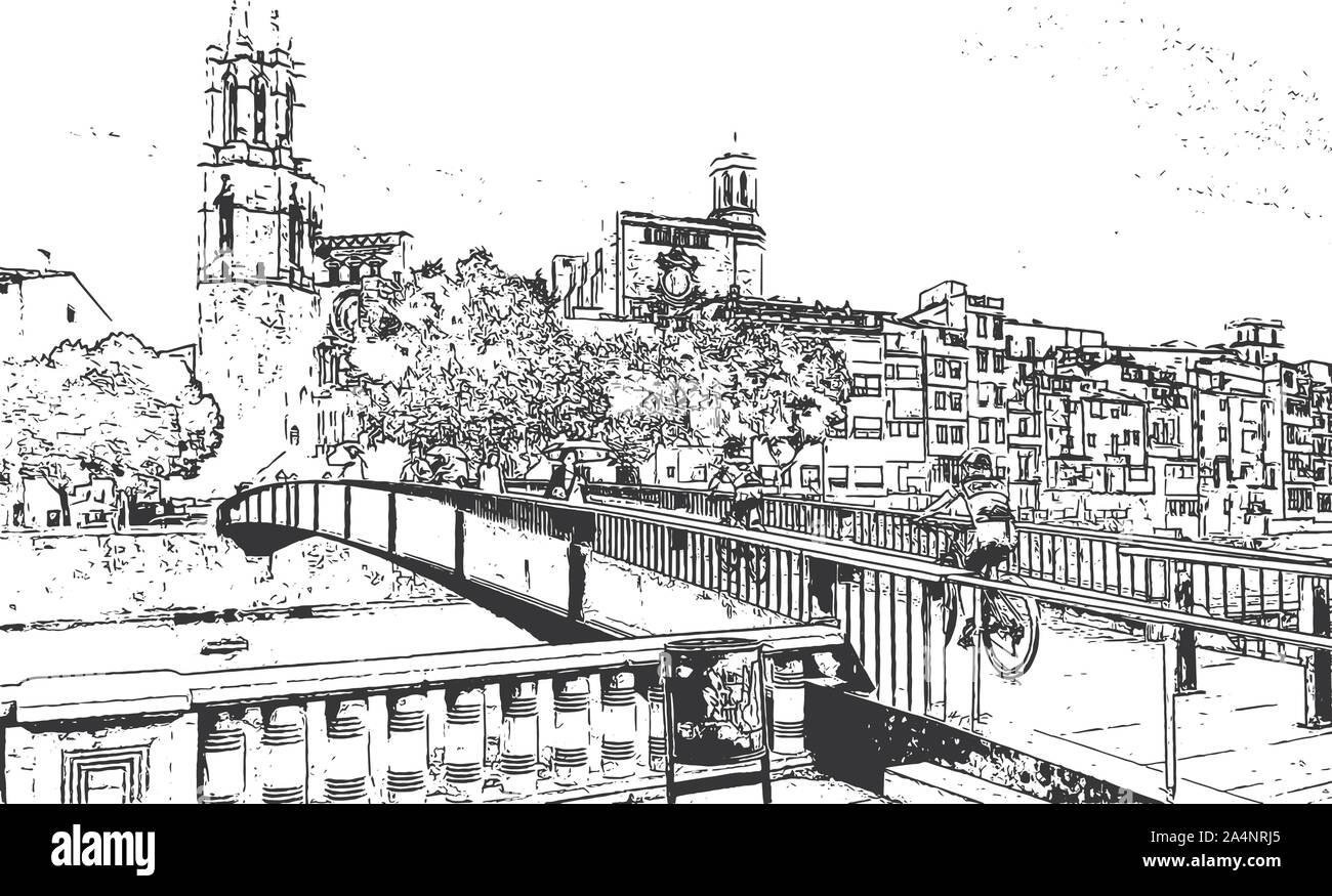 Brige alla basilica nel quartiere vecchio di Girona, in Catalogna, Spagna - illustrazioni in bianco e nero disegno schizzo vectorr illustrazione Illustrazione Vettoriale