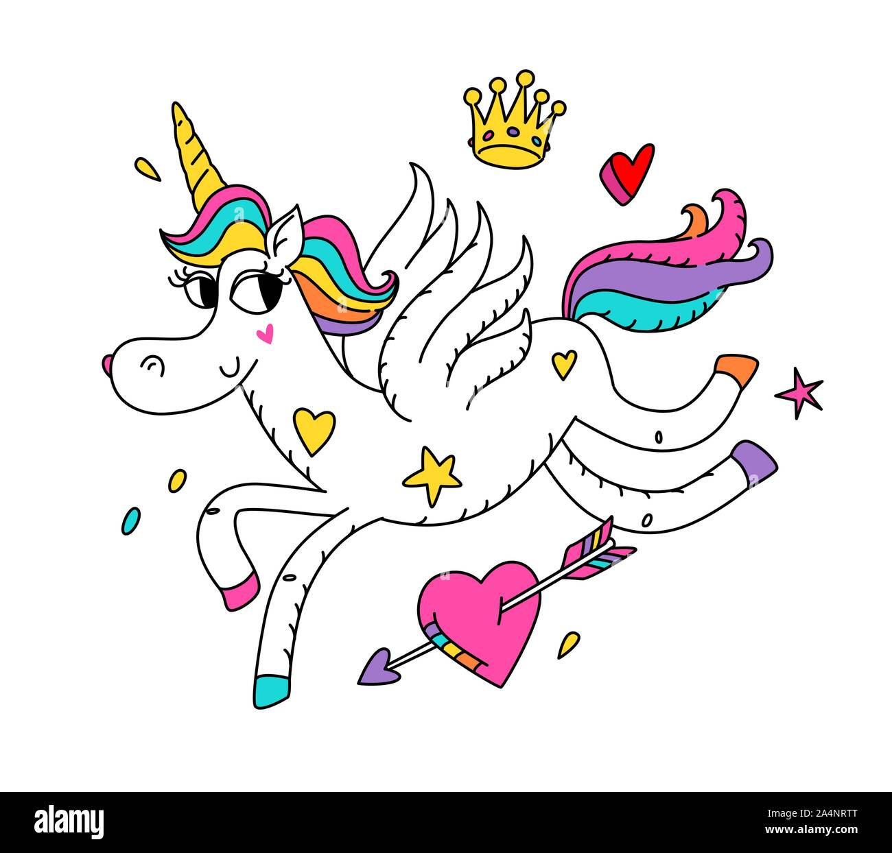 Illustrazione di una esecuzione di magic unicorn con le ali. Vettore. Eroe Cartoon carino a cavallo con un avvisatore acustico. Kawaii carattere. Mitica creatura, simboleggia chast Illustrazione Vettoriale