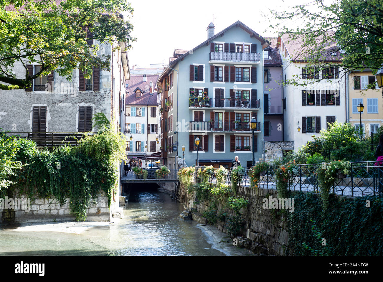 Canal con fiori in Annecy, Francia Foto Stock